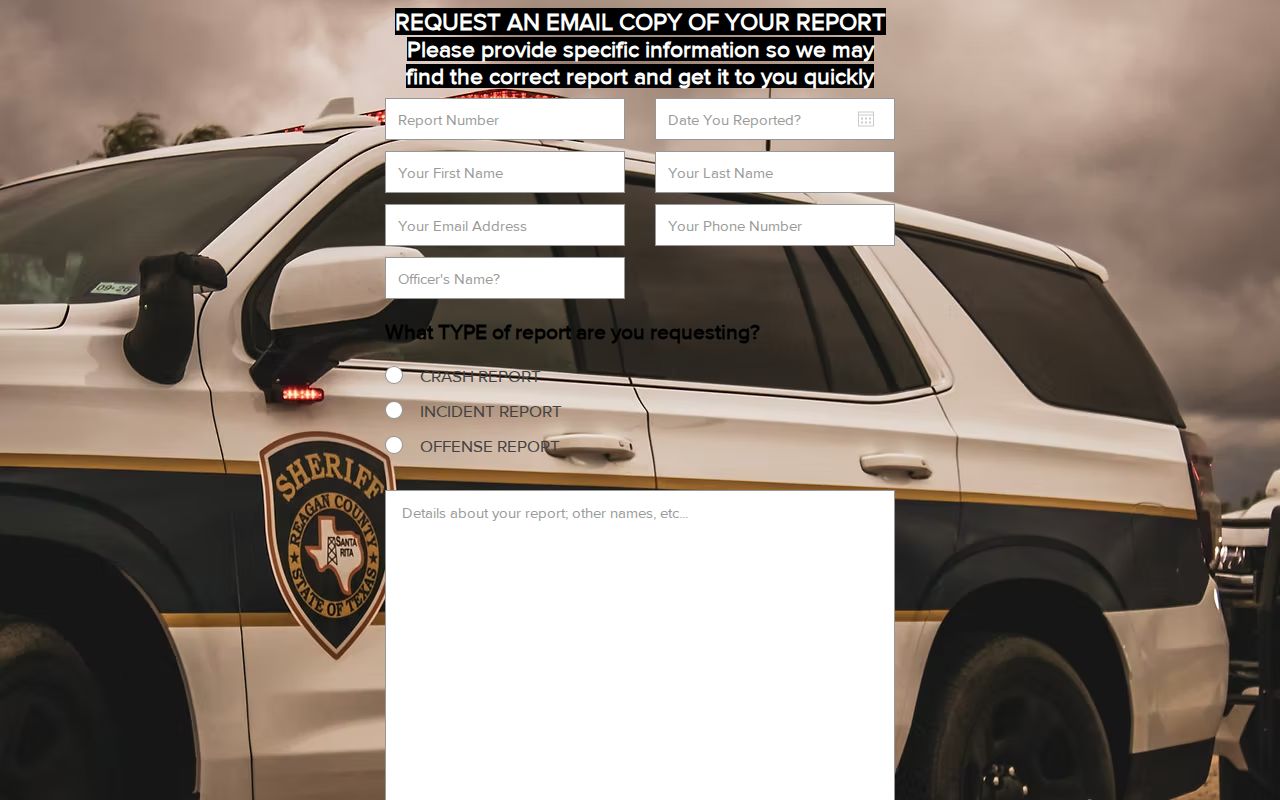 Reagan County Most Wanted page distinguished from the sheriff report request form