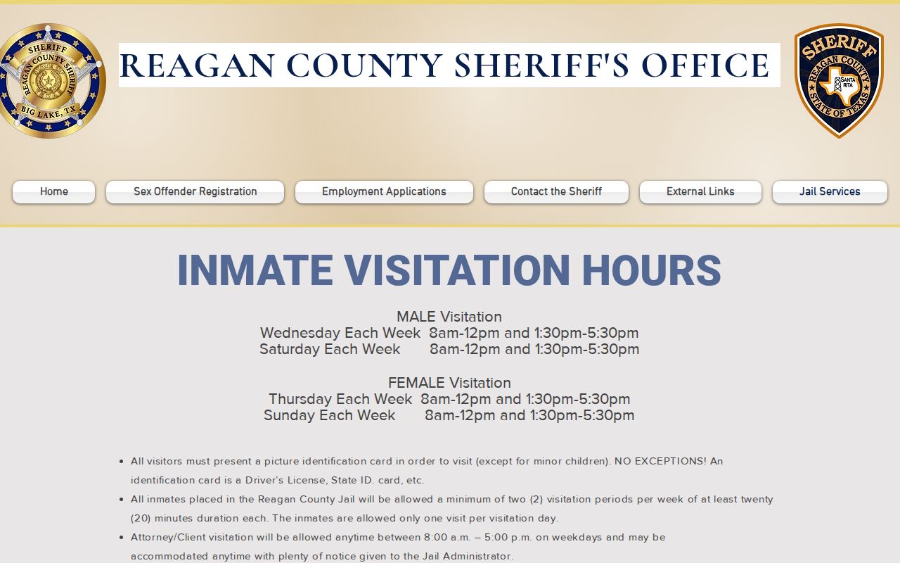 Reagan County active warrant information and separate jail visitor screening rules