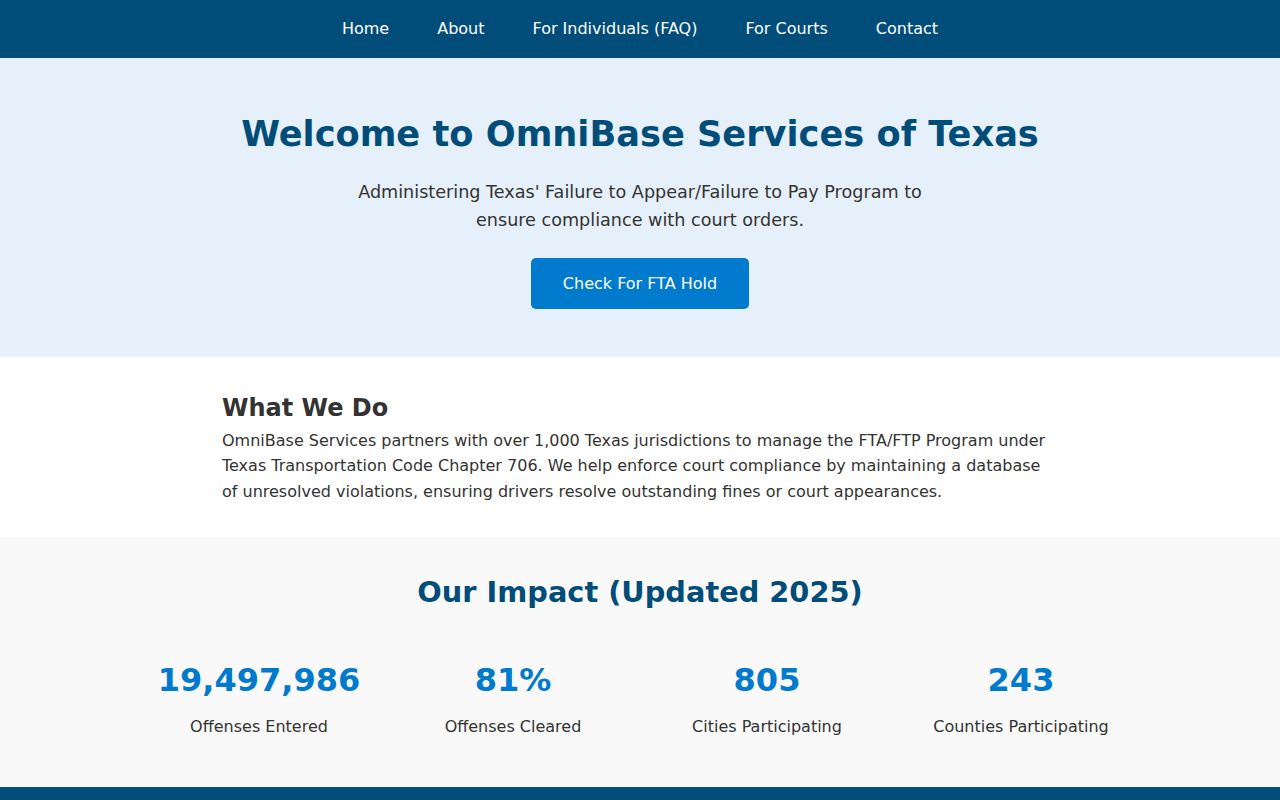 Reagan County traffic warrant information and the Texas OmniBase FTA and FTP program